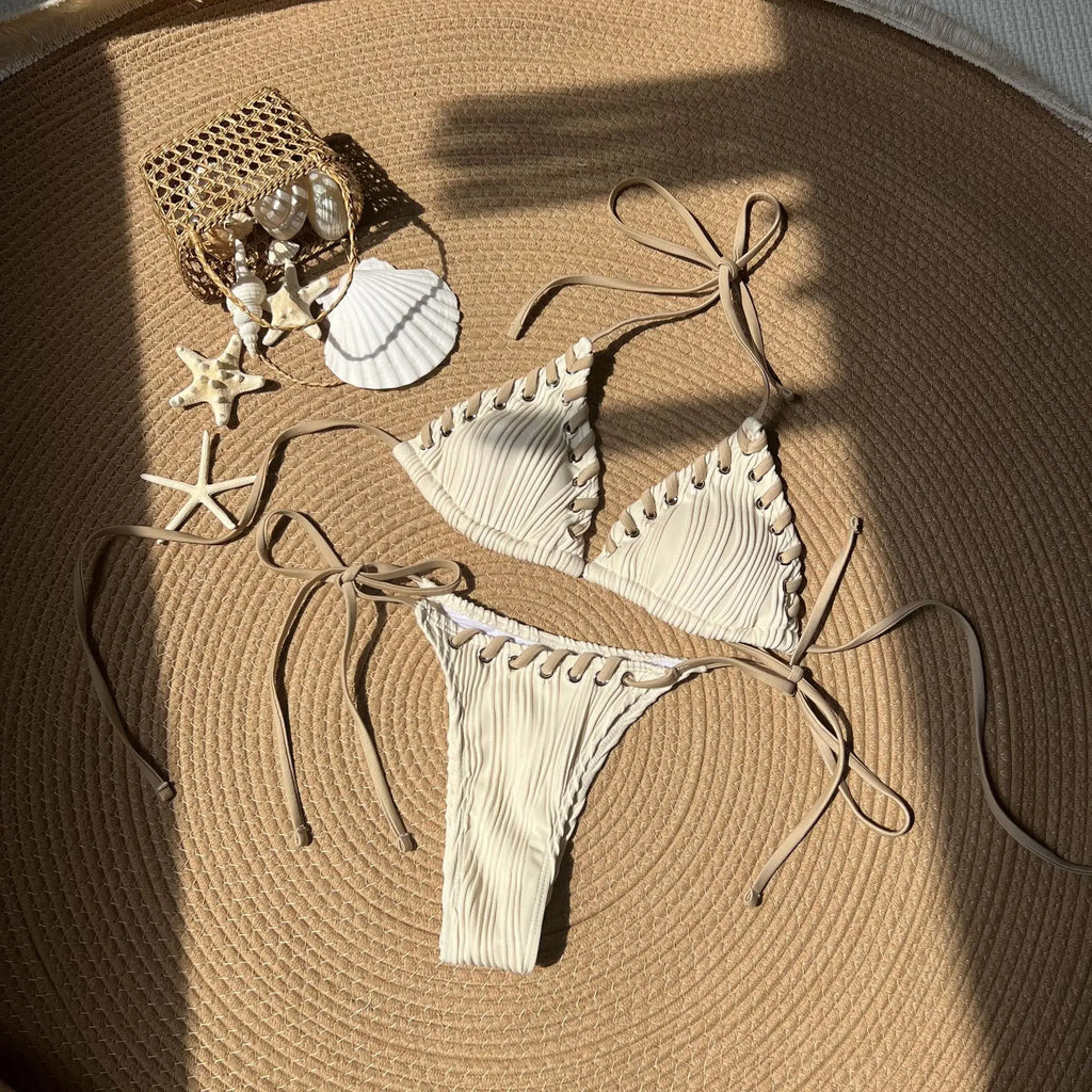 Sexy Micro Bikini 2025 Women Beige Brown Pink Weave Bandage Cross Crochet Swimsuit Brazilian Beach Bathing Suit Thong Swimwear