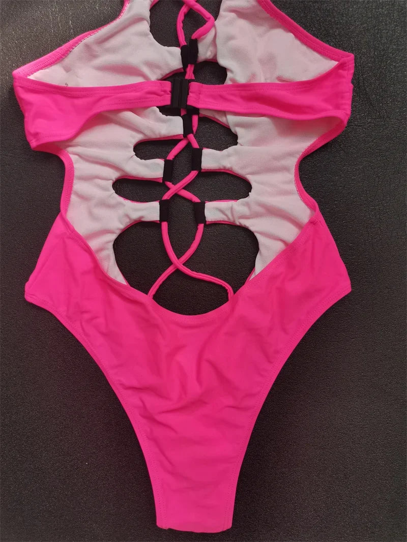 Sexy Black Hollow Out Swimwear Women 2026 High Neck Backless Monokini Lace Up Bandage Bathing Suit Holiday One Piece Swimsuit