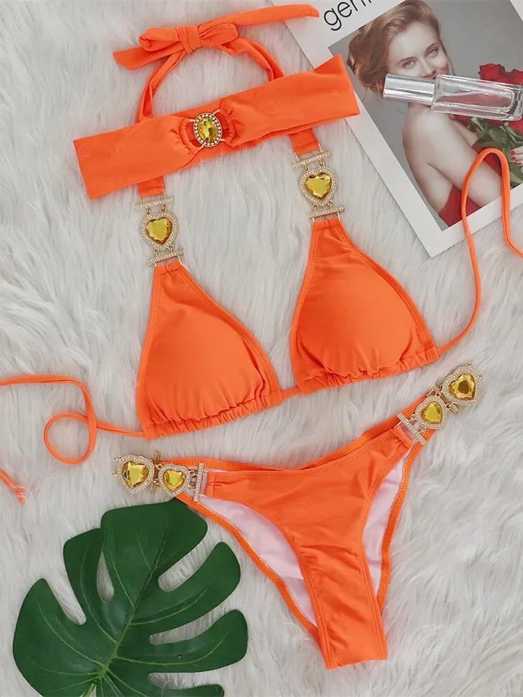 Sexy Rhinestones Bikini Set 2025 Women Red Pink Glitter Diamond Metal Chain Thong Swimwear Bathing Suit Band 3 Piece Swimsuit