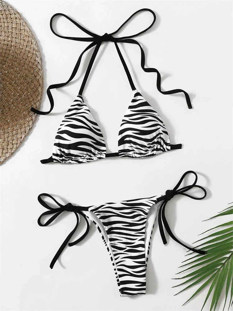 Sexy Zebra Striped Bikini Women Halter Push Up Triangle Swimsuit Brazilian Summer Bathing Suit Micro Swimwear 2025 Swimming Suit