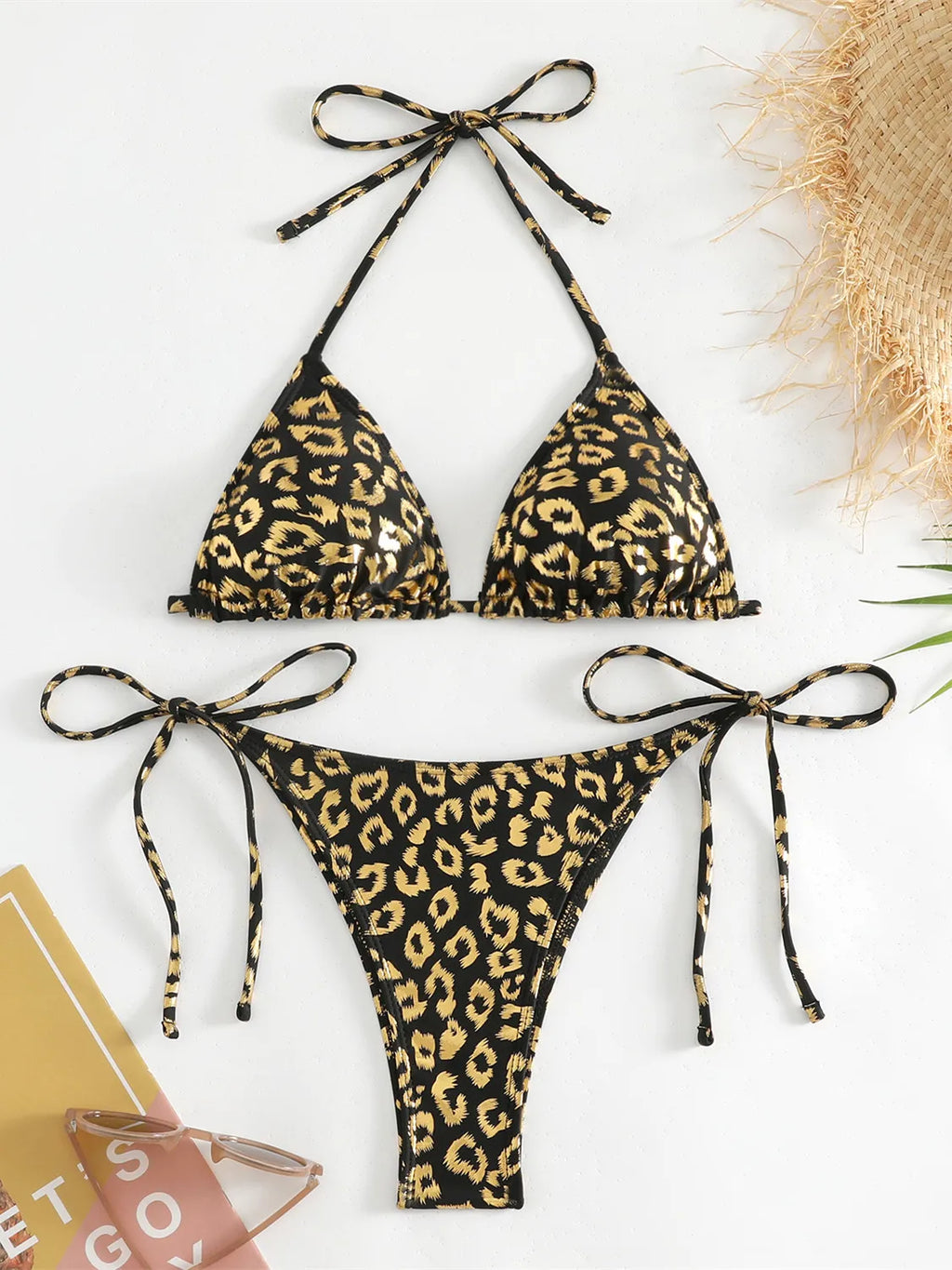Sexy Orange Leopard Print Bikini Set 2024 Women Halter Push Up Bra Tie Side Thong Swimsuit Summer Backless Bathing Suit Swimwear
