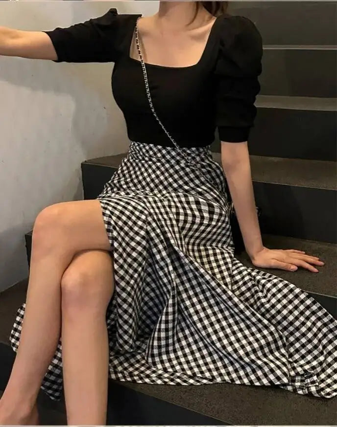 WOMENGAGA Korea Style 2023 Spring/Summer New High Waist Elegant Split Plaid Skirts Half Length Skirts Fashion Women 2023 22IV