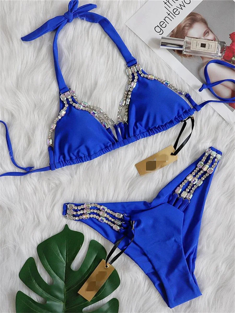 Sexy Rhinestone Bikini Set 2025 Shinny Hot Pink Push Up Thong Swimsuit Brazilian Diamond Metal Chain Beach Bathing Suit Swimwear