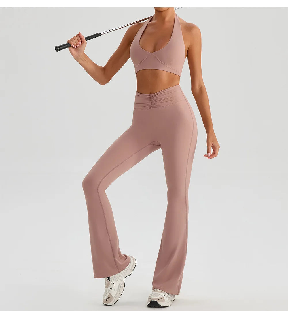 Hearuisavy 2Pcs Women's Sports Set Sun Protection Quick-Dry Tennis Skirt High Waist Yoga Flared Pants Gym Running Fitness Shorts