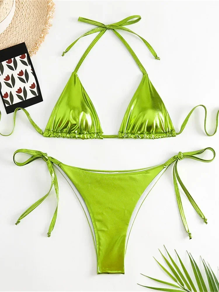 Sexy Brozing Gold Bikinis Sets Women Push Up Micro Bikini Swimsuit 2026 Brazilian Beach Bathing Suit Tie Side Triangle Swimwear