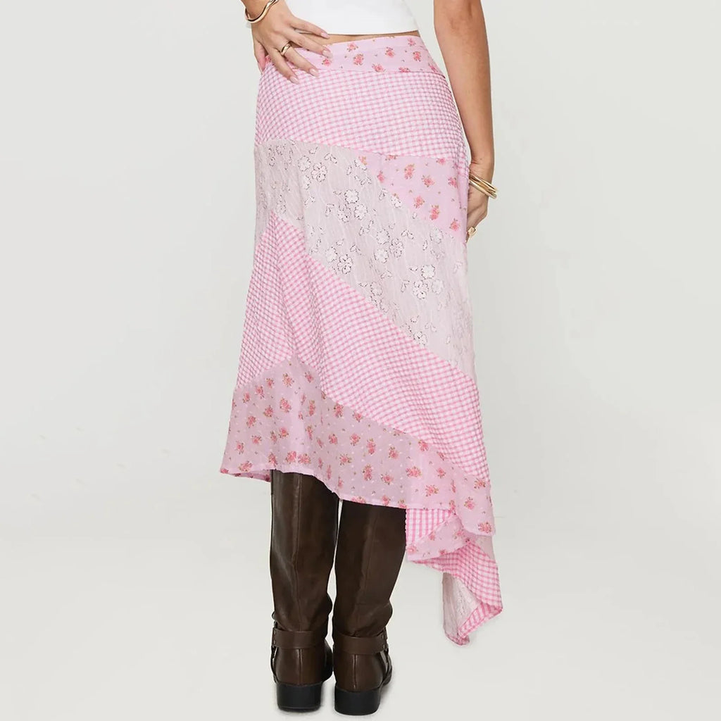 New Irregular Women Lace Flowy Midi Skirt Vintage Low Waist Floral Print Long Skirt Lightweight Summer Sexy Club Party Skirt