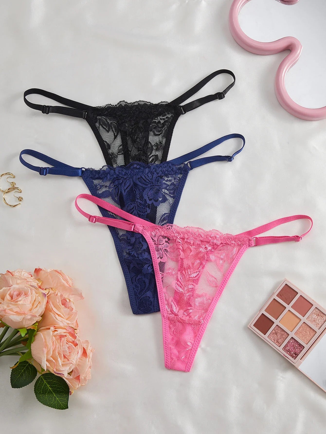 3-Pack Women's Sexy Lace Panties Underwear, Adjustable Strap Floral Lace Sheer Mesh Sexy Thong
