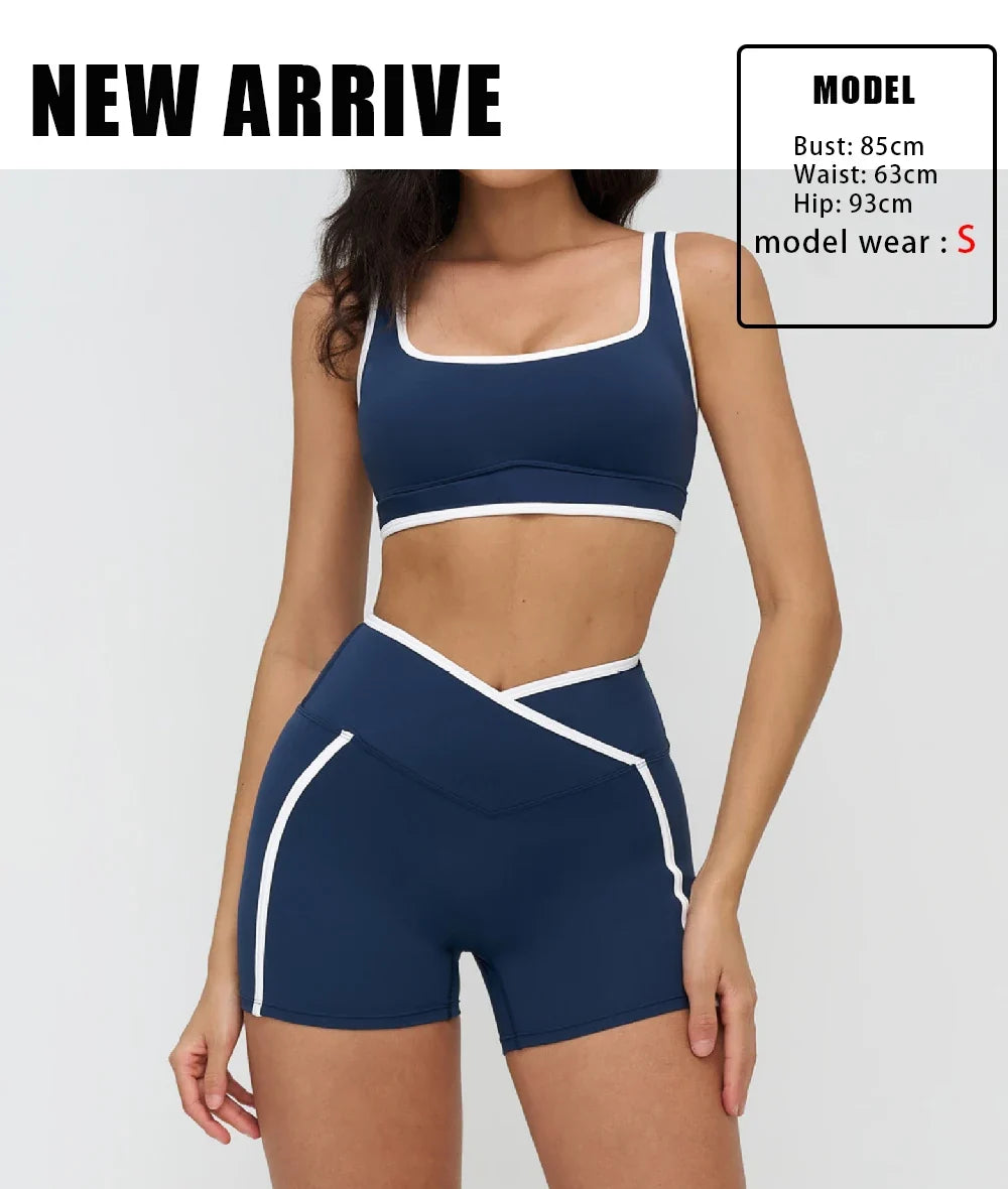 Patchwork Backless Yoga Sets Women Sportswear High Waist Gym Scrunch Bum Shorts Set Female Fitness Sports Suit Workout Clothes