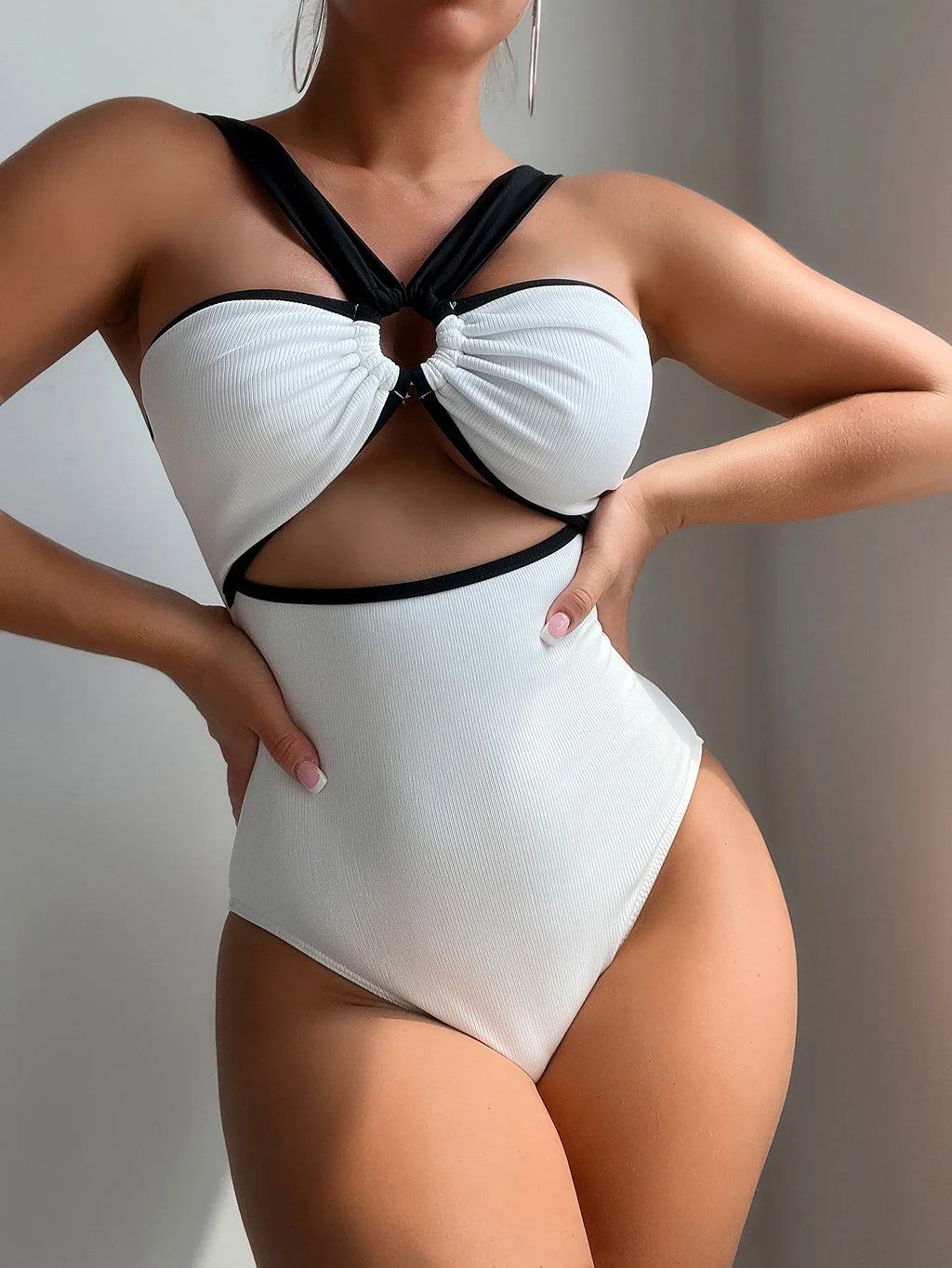 New White Black Patchwork Swimwear Women Halter Metal Ring Linked Hollow Out Slim Tummy Control One Piece Swimsuit Monokini 2025