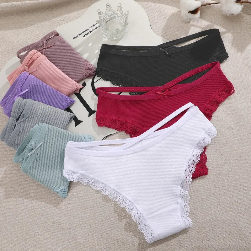 3PCS/Set Women Cotton Panties Low Waist Sexy Lace Brazilian Briefs Female Cross Webbing Underpants Soft Breathable Lingerie S-XL