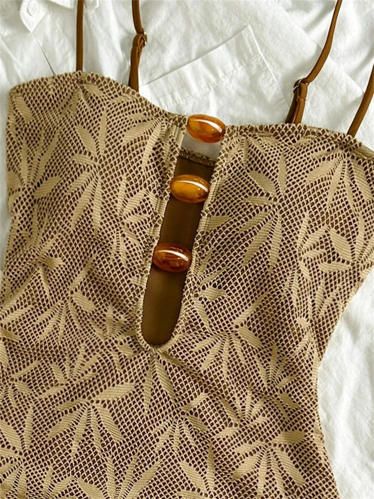 Vintage Coffee Leaves Print One Piece Swimsuit 2026 Women Beaded String Hollow Out Backless Mesh Slim Fit Tummy Control Swimwear