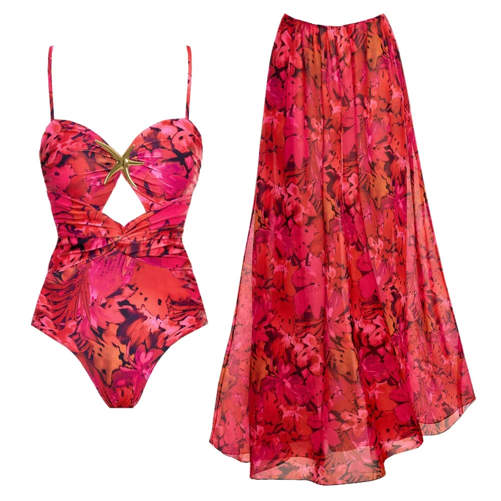 Cut Out Swimsuit And Cover Up Sexy Swimwear Women Floral Stars Swim Suit Push Up Bikini Bathingsuit Sliming Bodysuit Beachwear