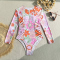 Vintage Pink Floral Print Swimwear Women 2026 Front Zipper Long Sleeve Sunscreen One Piece Swimsuit Bathing Suit Surf Monokini