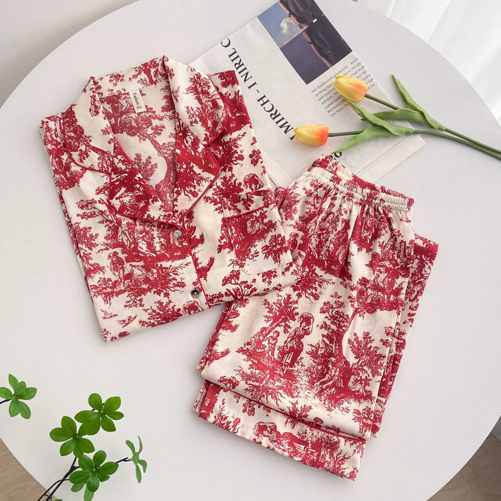 Ink Printed Ice and Snow Silk Pajama Set for Women Spring and Autumn Simple Small Lapel Long Sleeve Home Clothes Nightwear