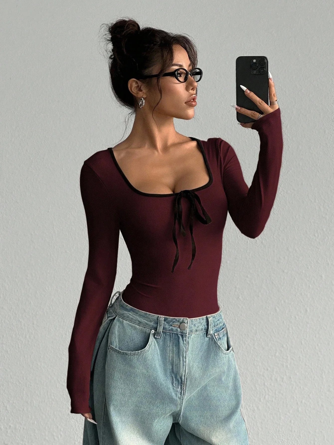 Women's Sexy U-Neck Bowknot Color Block Long Sleeve Bodysuit Casual Slim Fit Rib-knit Bodycon Spring/Fall Streetwear