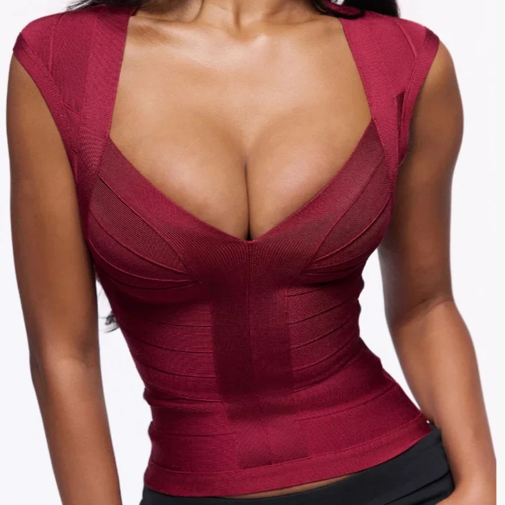 Women's Bandage Slim Waist Tight Tank Top Deep V Neck Solid Vest Spring Summer Elastic Tees 2026 New Lady Casual Party Tops