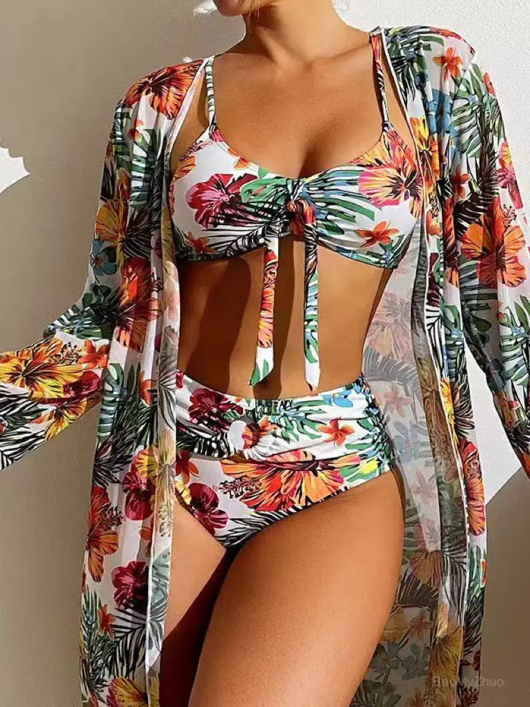 2024 Luxury Sexy High Waisted Bikini Three Pieces Floral Printed Swimsuit Women Bikini Set With Mesh Long-Sleeved Blouse Female