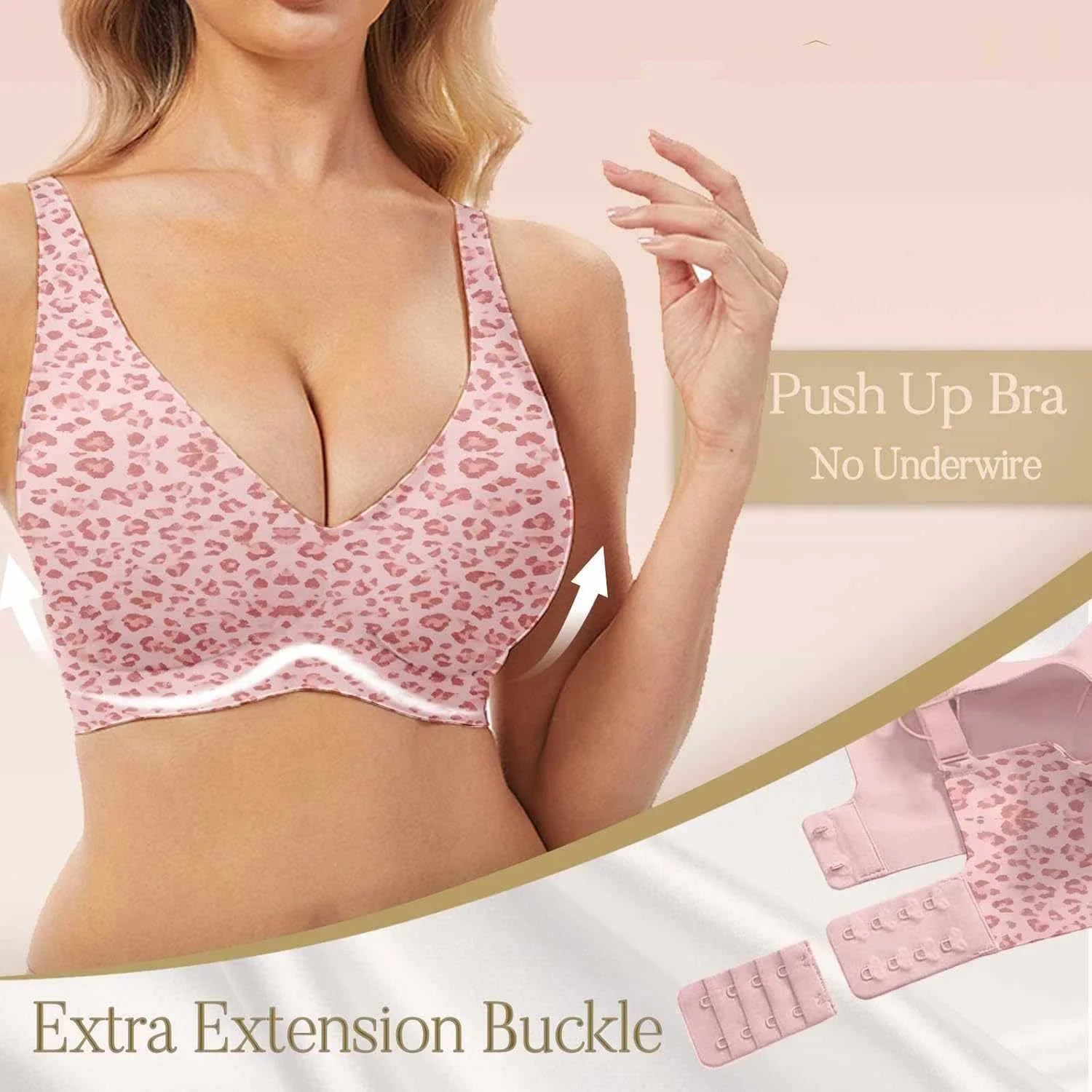 Pink Leopard Print Wire-free Seamless Bra Full Cup TThin Molded 3D Jelly Soft Support Bra Comfortable and Breathable Plus Up