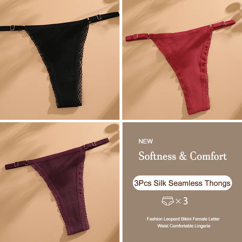 3Pcs G-String Cotton Sexy Women Thongs Adjustable Belt Seamless Panties Breathable Low Waist Lingerie Female Soft Solid Color