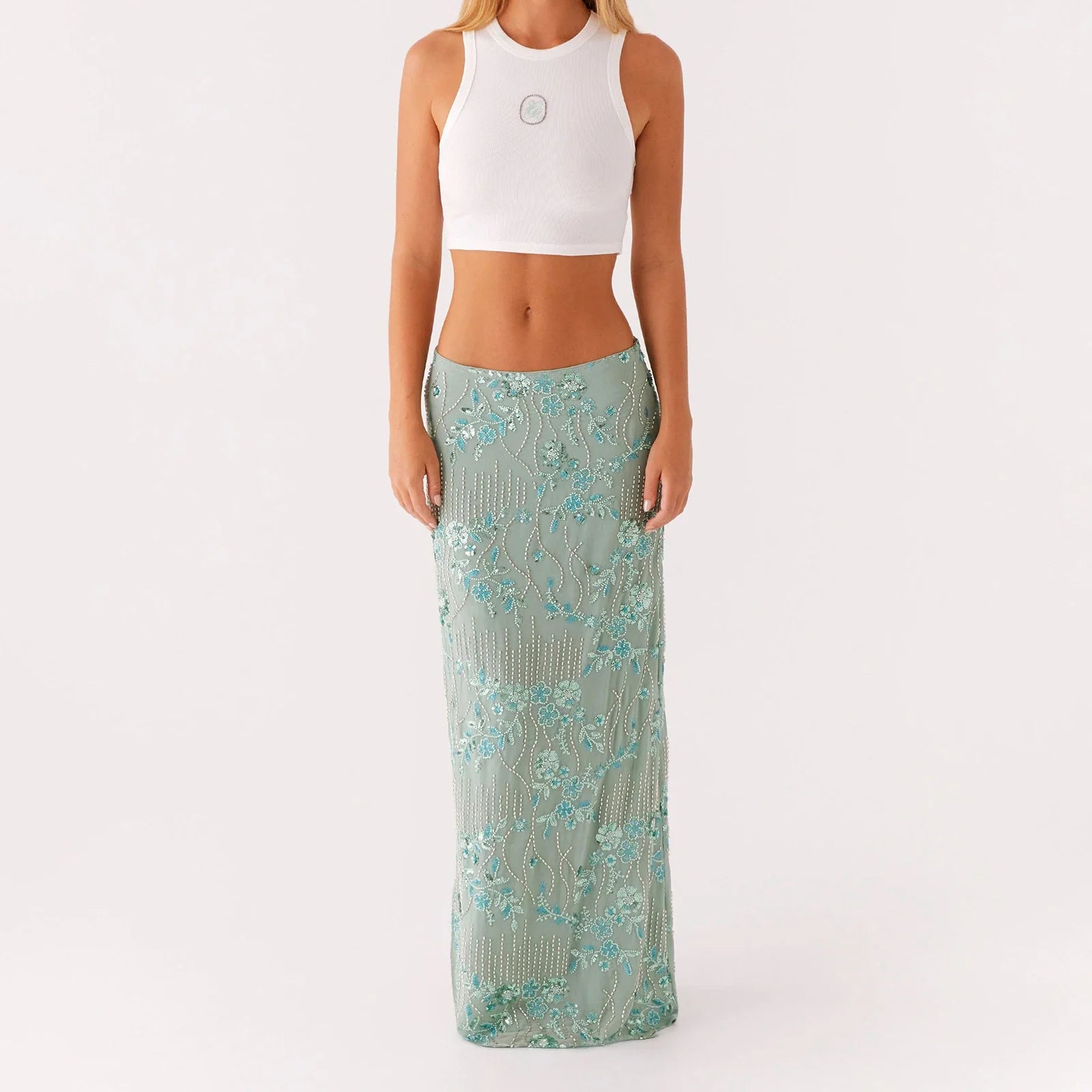 Elegant Beading Sequined Long Skirt for Women Summer Casual Floral Embroidery Maxi Straight Skirts for Beach Club Streetwear
