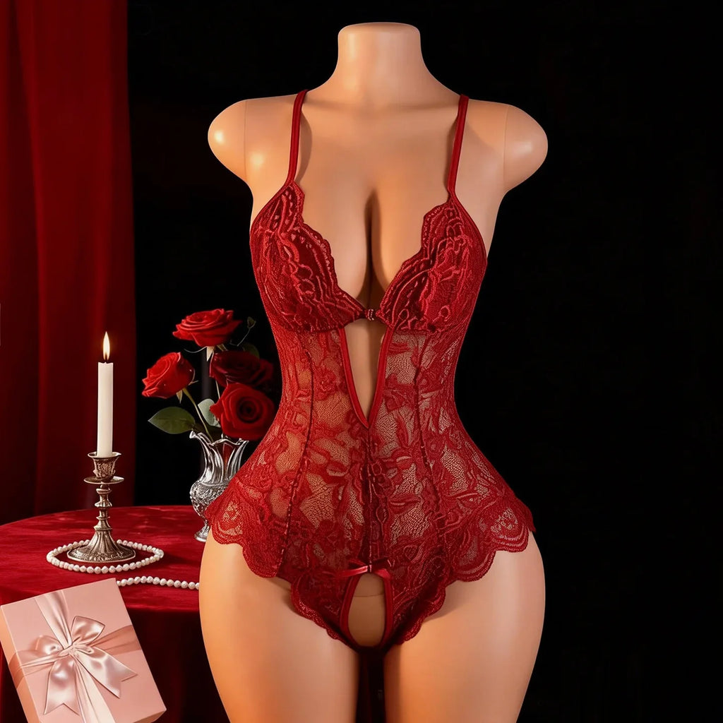 Crotchless Lingerie Lace Hollow Bra Set Sexy Tight Fitting Women Clothing,  V-neck Open  Bodysuit .Soft Padded Bra Underwear Set