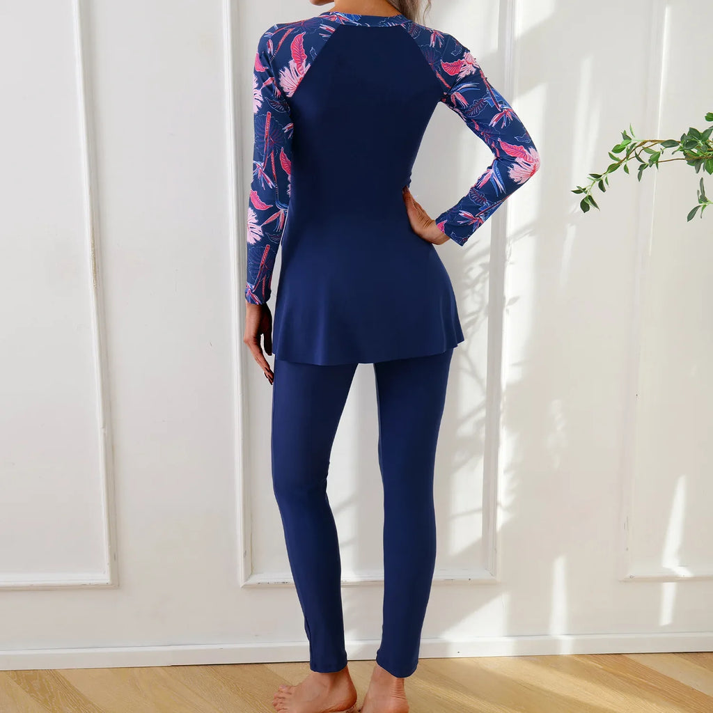 Muslim Swimwear Burkini Sets for Women Black Floral Print Zipper Long Sleeve Top Long Panties Sports Swimsuit Bathing Suit