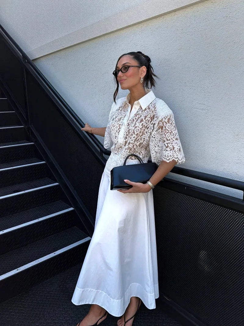 Trendix Lace Short Sleeve Blouse Women Summer Commuting Hollow Out Button Pullover Tops Street Casual Sheer Party Elegant Shirts