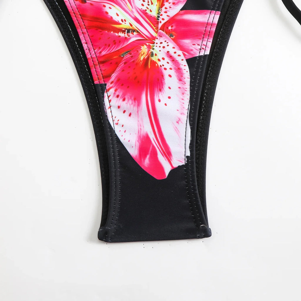 Sexy Micro Bikini 2025 Women Black Floral Print Push Up Bra Tie Side Thong Swimsuit Brazilian Beach Bathing Suit Pool Swimwear