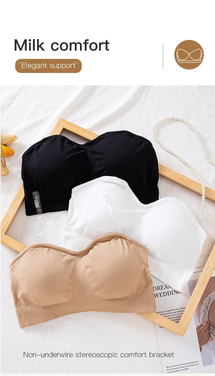 Women's Strapless and Wire-free Bandeau Bra with Full Cup Thin Mold Padding Non-slip Silicone Seamless Bra Plus Size Underwear