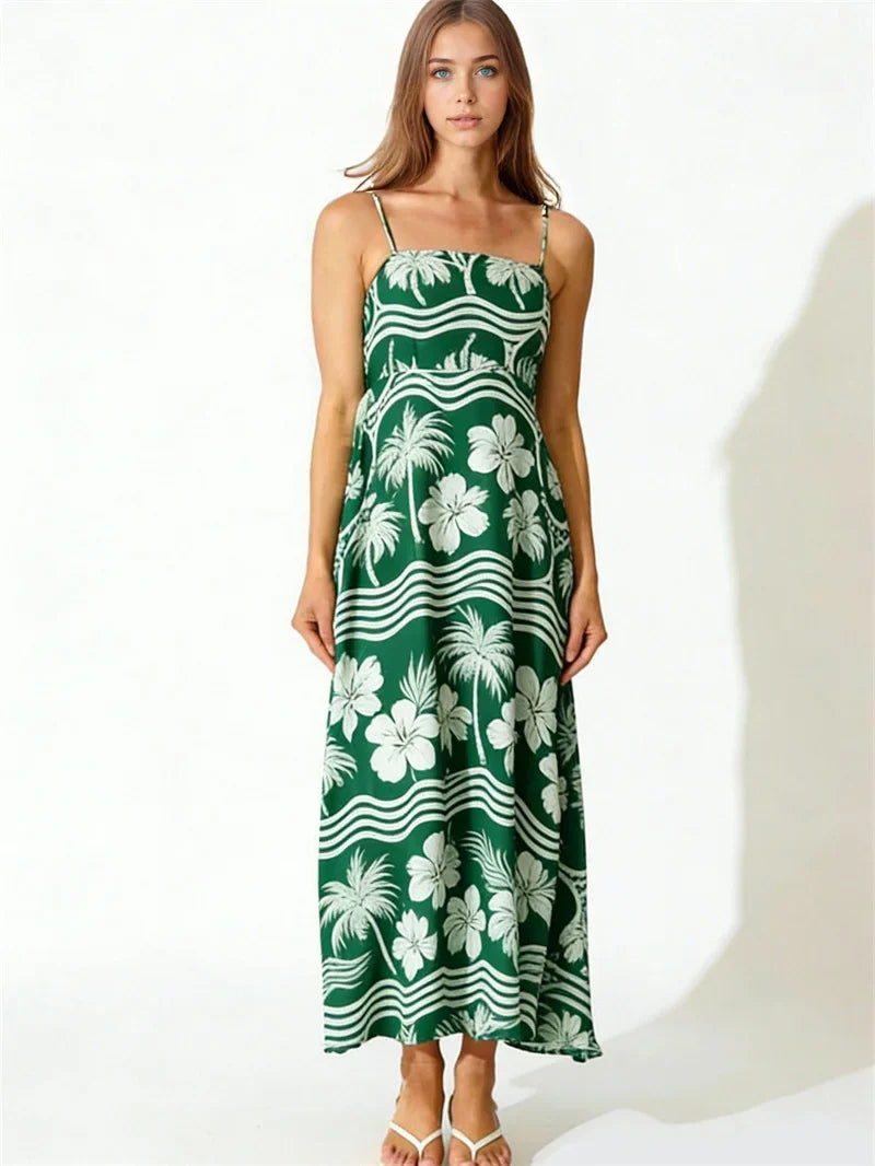 Women Floral Geometric Neck Long Party Dress Fashion Sleeveless Spaghetti Strap Dress Fashion Vacation Cocktail Flowy Sun Dress