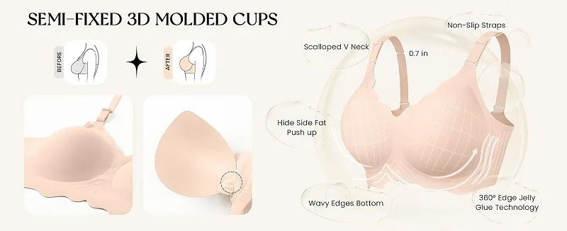 Women's Wave Jelly Seamless Bra 3/4 Cup Thin Molded Wire-Free Supportive Bra with Push-Up Comfort Solid Color Underwear Sostén