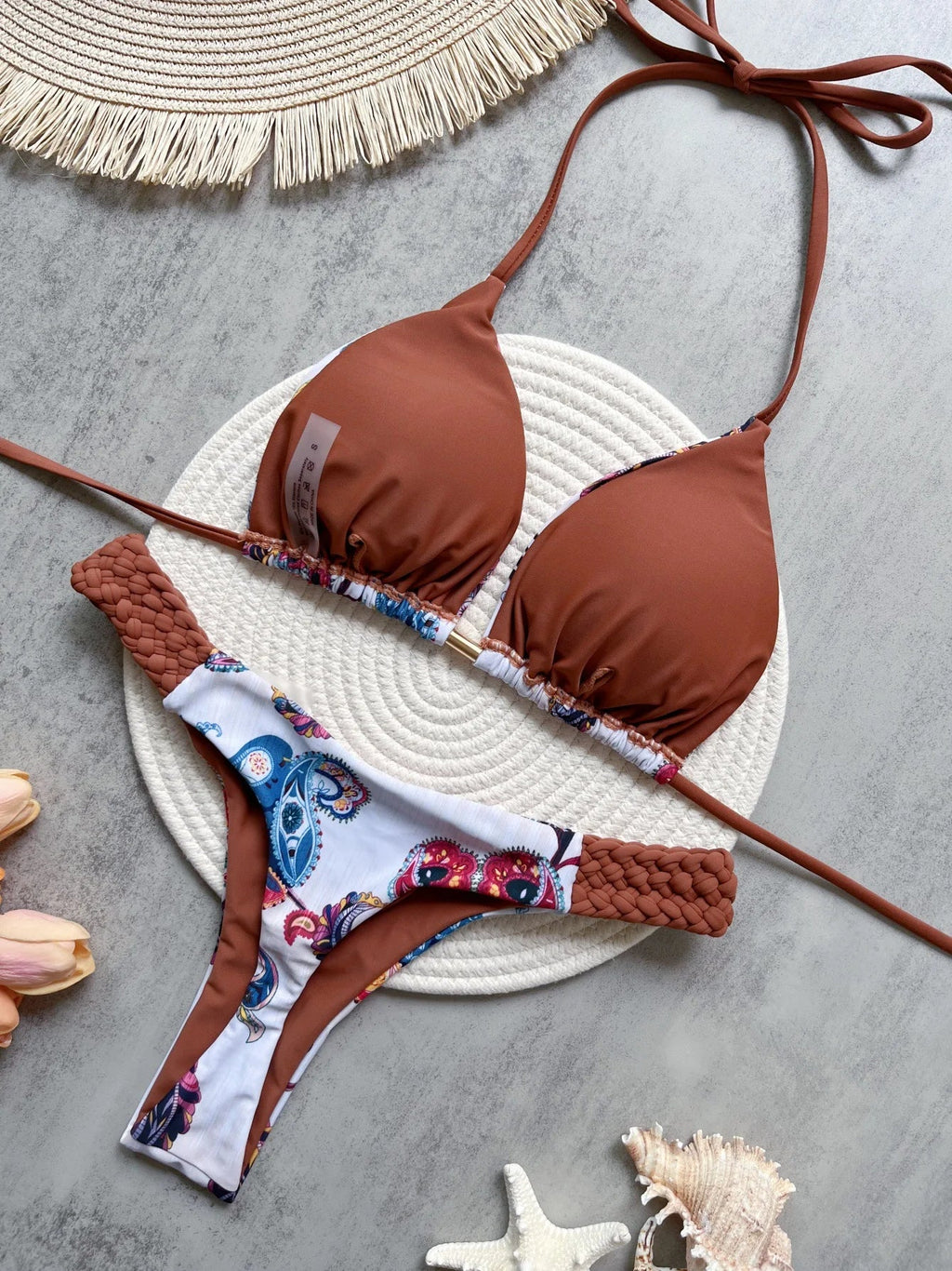 Sexy Vintage Print Bikini Set 2025 Women Orange Cut Out Weave Thong Swimsuit Bather Bathing Suit Two Piece Swimwear Biquini