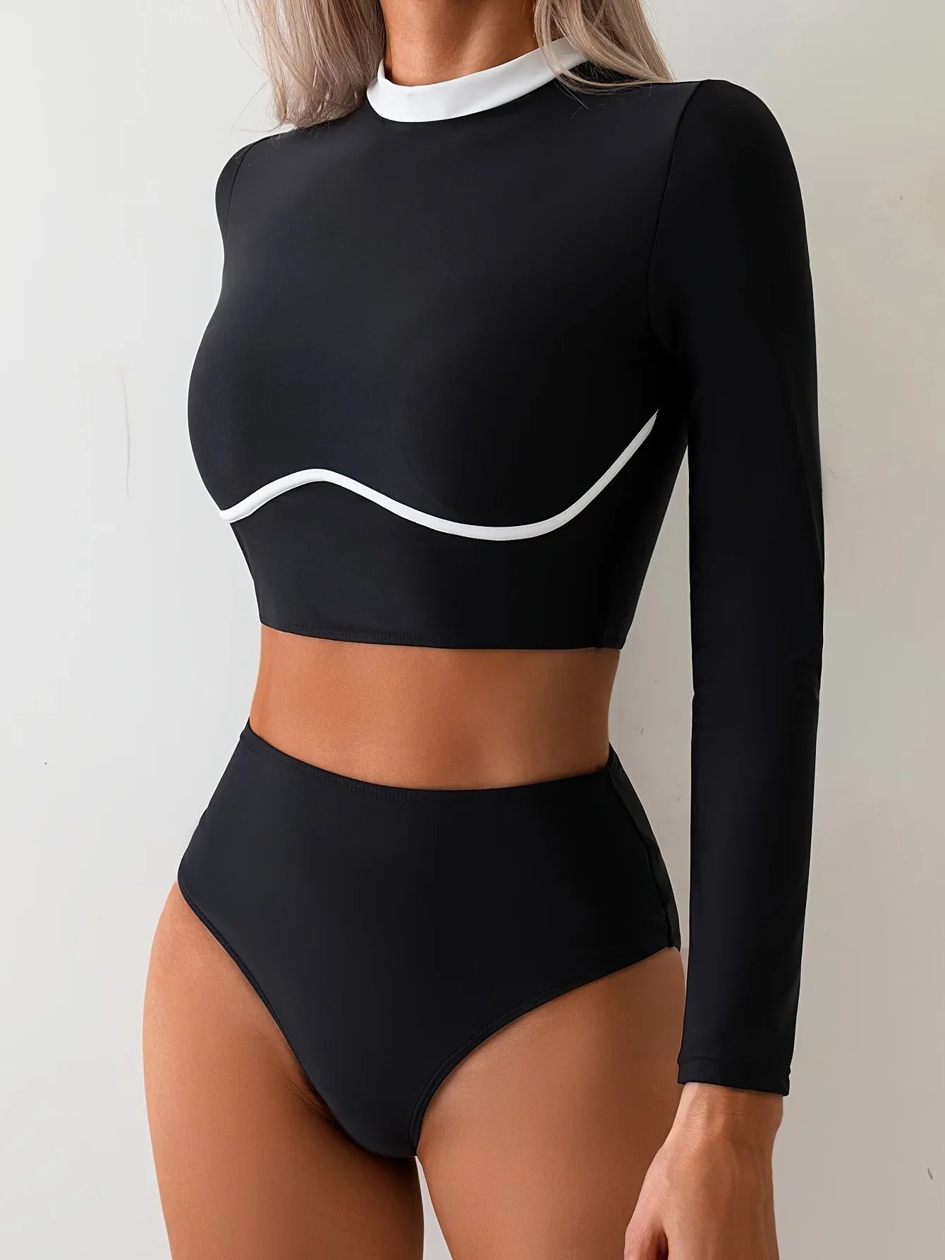 Vintage Black Contrast Bikini 2025 Women Long Sleeve Slim Shirt Top High Waist Sunscreen Swimsuit Beach Bathing Suit Swimwear
