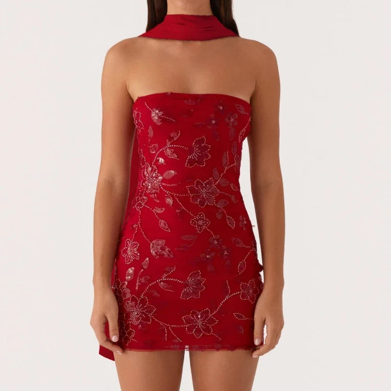 Sexy Glitter Pearl Women Summer Mini Dresses Sleeveless Off Shoulder Flower Embroidery Tube Top Bandeau Dress with Scarf