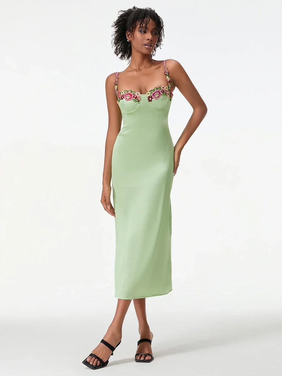 Satin Sling Bodycon Long Dress Women Flower Embroidery Sleeveless Spaghetti Strap Cocktail Dress Summer Party Club Skinny Dress