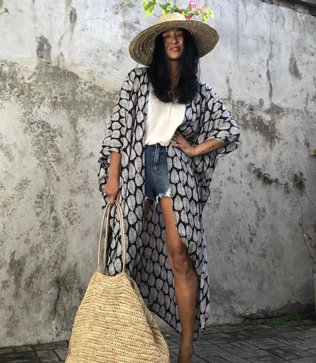 2024 New Summer Sexy Beach Kimono Swimwear Cotton Cover Up Swimsuit Women Print Bikini Cover Up Beachwear Dress Robe