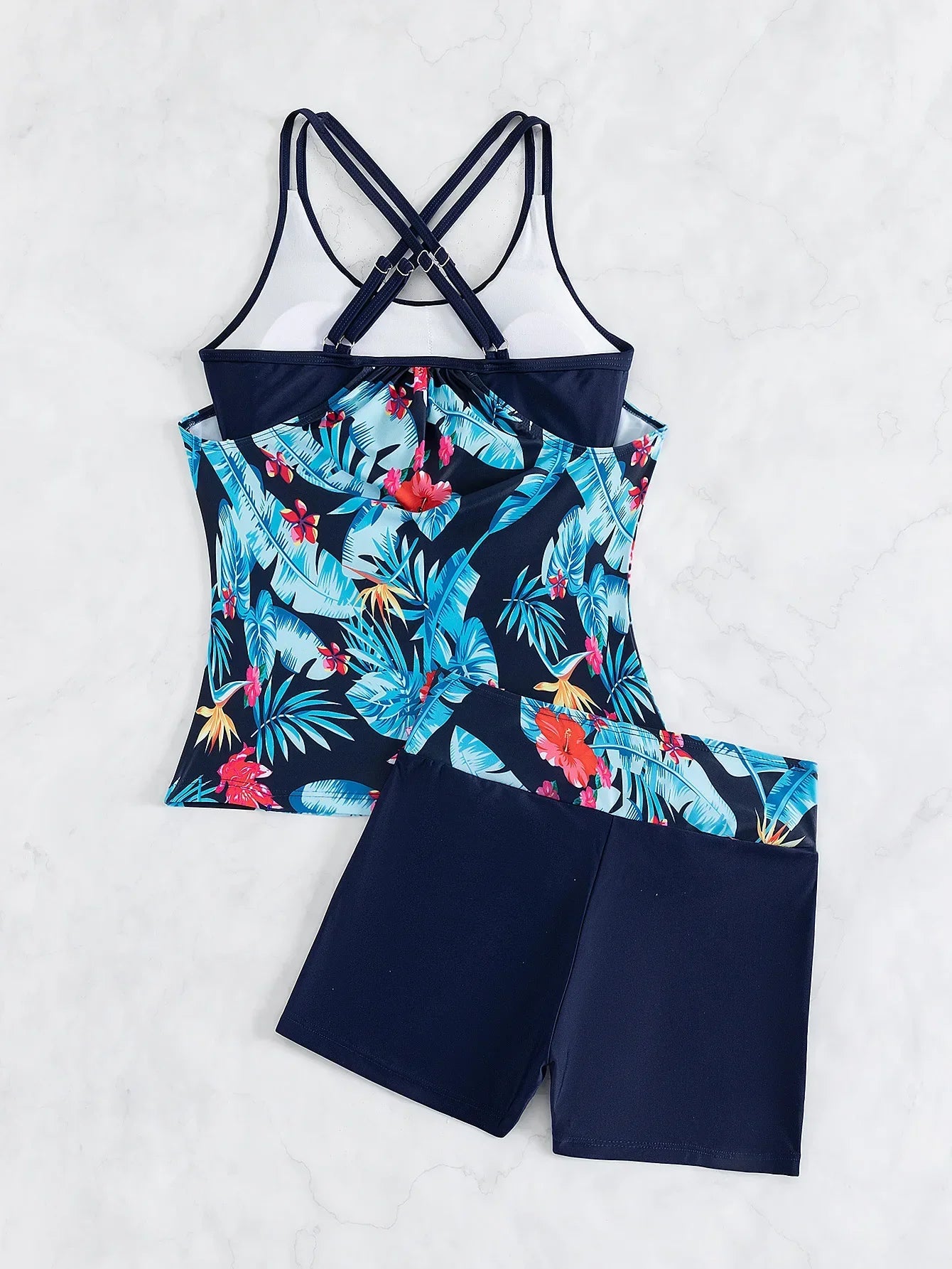Women's Conservative Two Piece Swimsuit Black Stripe Print Patchwork Crop Top Tankini Set Beach Bathing Suit High Waist Swimwear