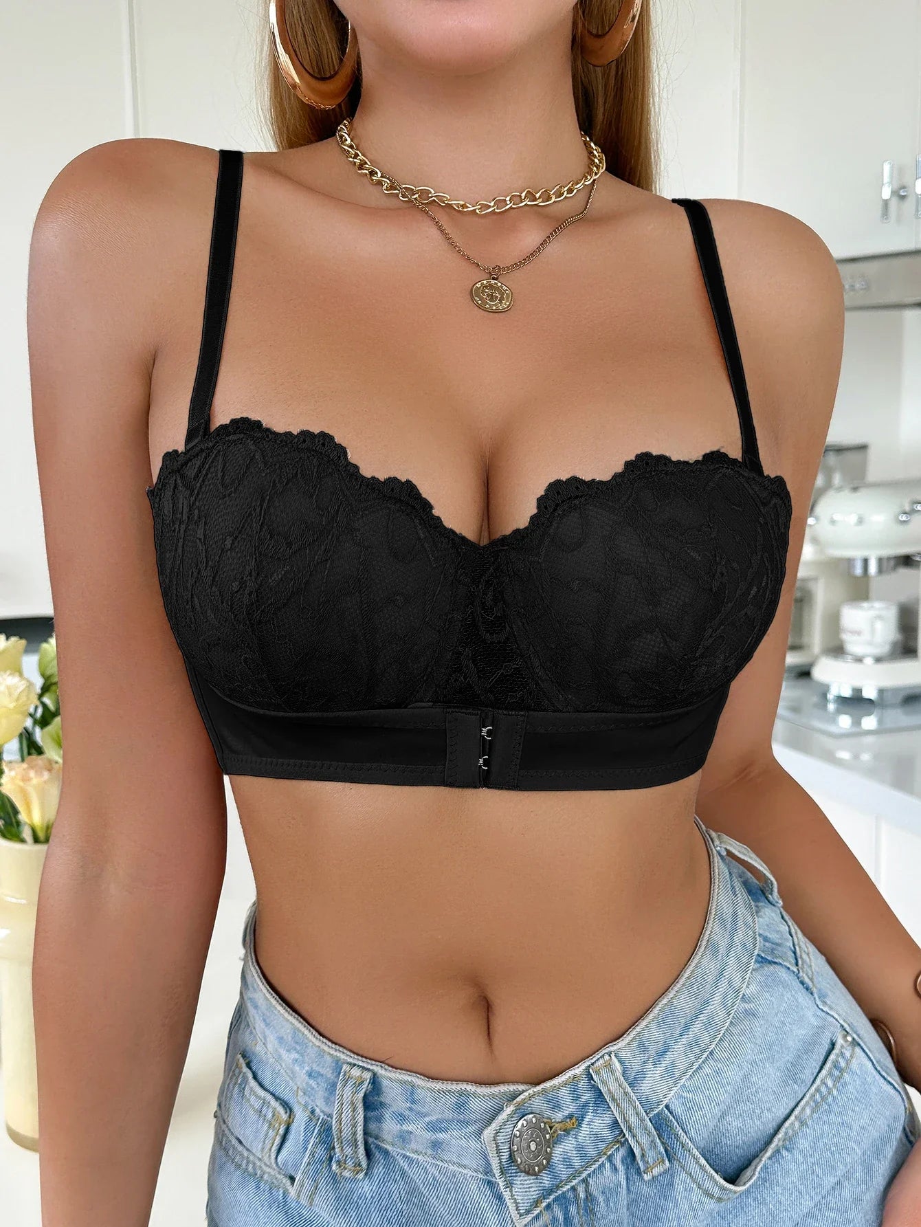 Women's Floral Lace Bra Front Closure Push up Bra Convertible Straps Underwire Support Women's Underwear Top