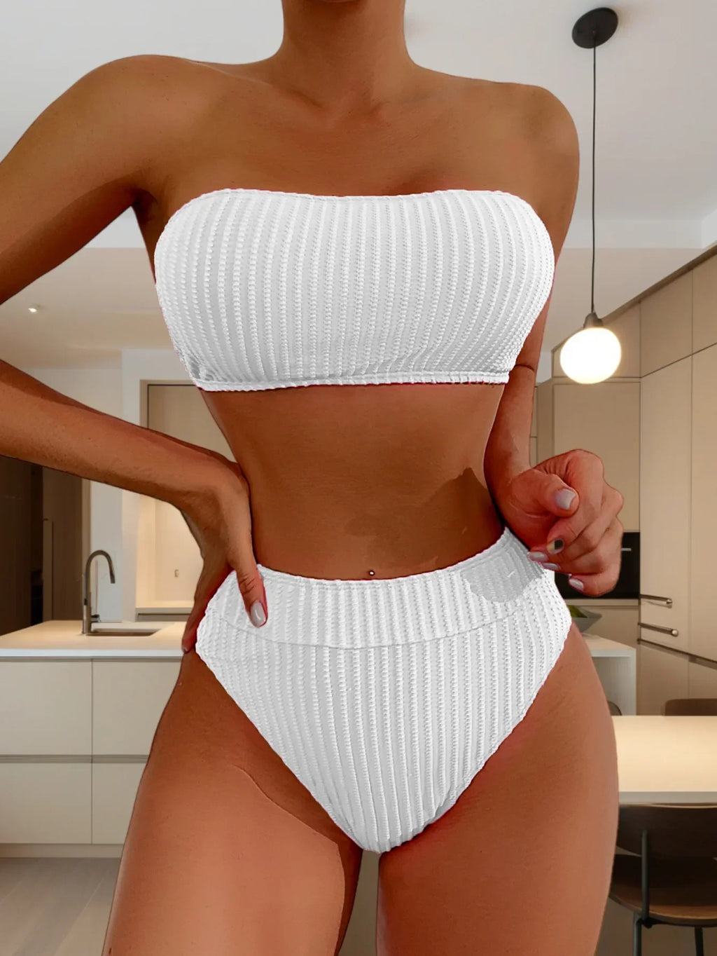 Sexy Bandeau Bikini Set 2025 Mujer Women White Black Ribbed Push Up Micro Swimsuit Summer Bathing Suit Beach High Waist Swimwear