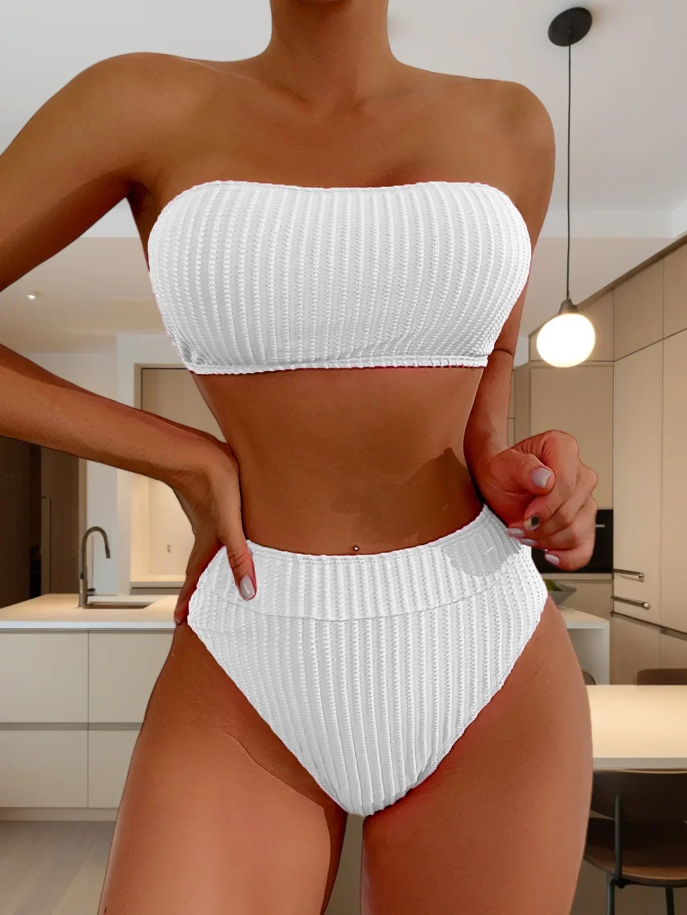 Sexy Bandeau Bikini Set 2025 Mujer Women White Black Ribbed Push Up Micro Swimsuit Summer Bathing Suit Beach High Waist Swimwear