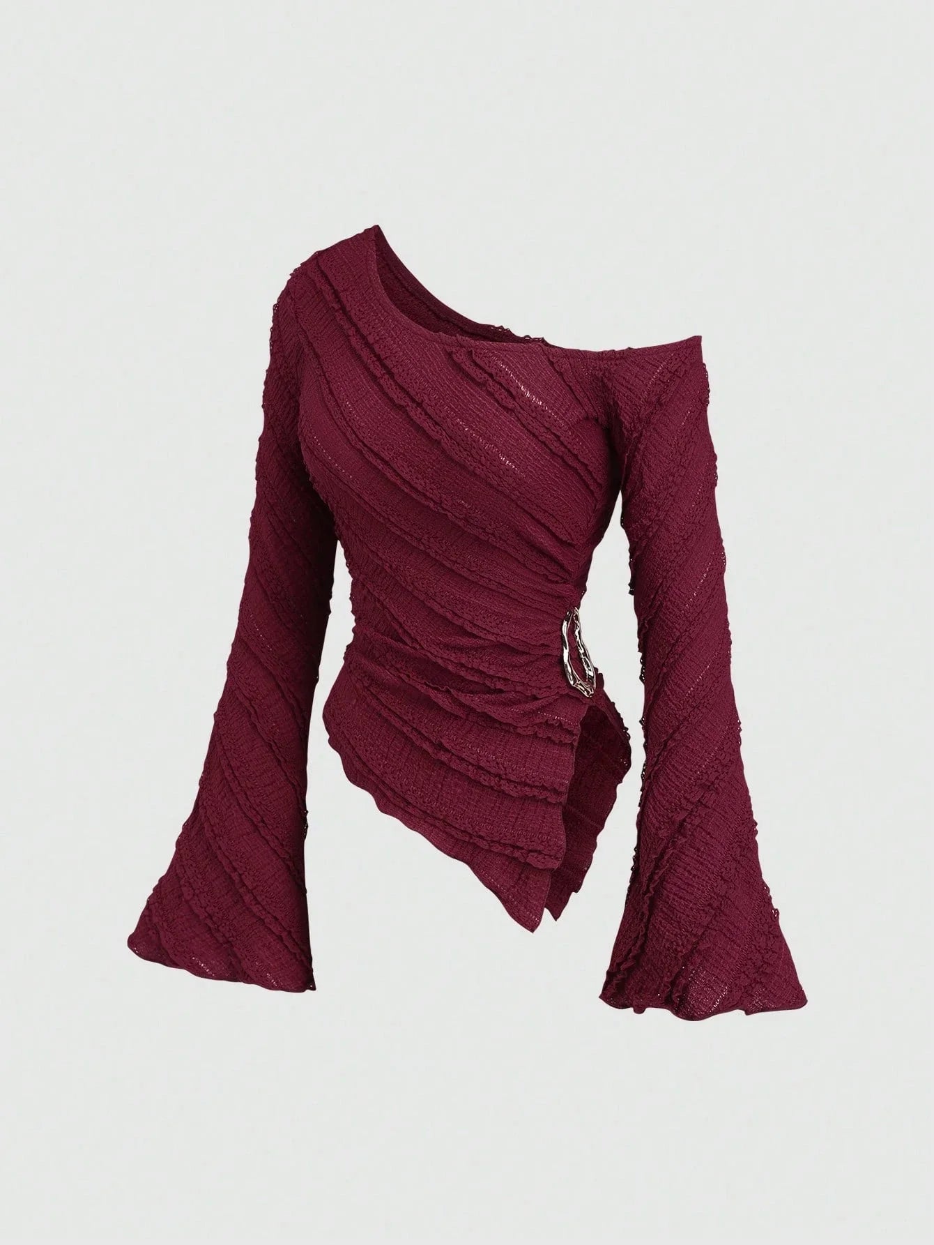 Women's Casual Textured Fabric Asymmetric Hem Flared Sleeves Blouse Commute Side Metal Decor One Shoulder Tops Spring/Fall 2026