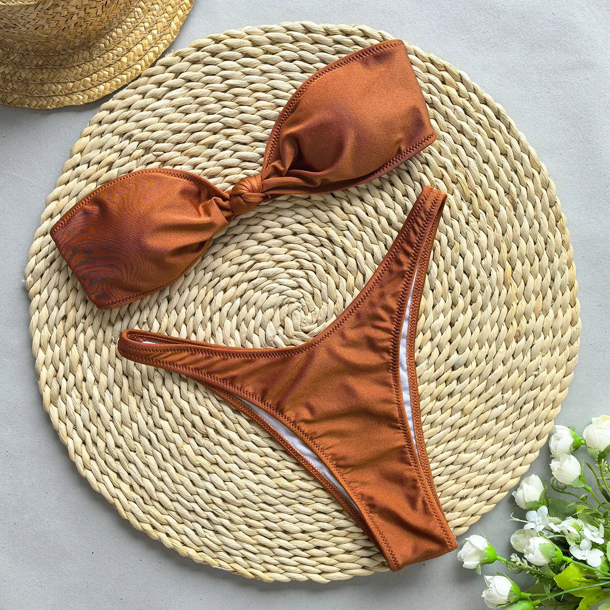 Sexy Front Tie Bow Bikini Set Women Black Bandeau Push Up Bra Micro Swimsuit 2024 Beach Bathing Suit Thong Swimwear Biquini