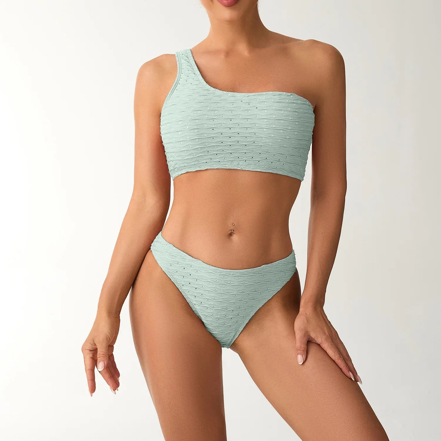 2026 New Style Breathable Quick Dry Solid Color Single Shoulder Bikini Sexy Swimsuit Women's High Elasticity Thickened Backless