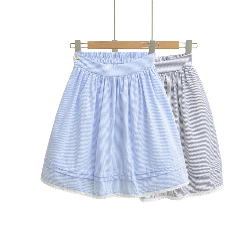 Spring French Style Fresh Slimming Blue Striped Lace Trimmed High Waist A-Line Short Skirt Half Skirt For Woman Casual HMJ9