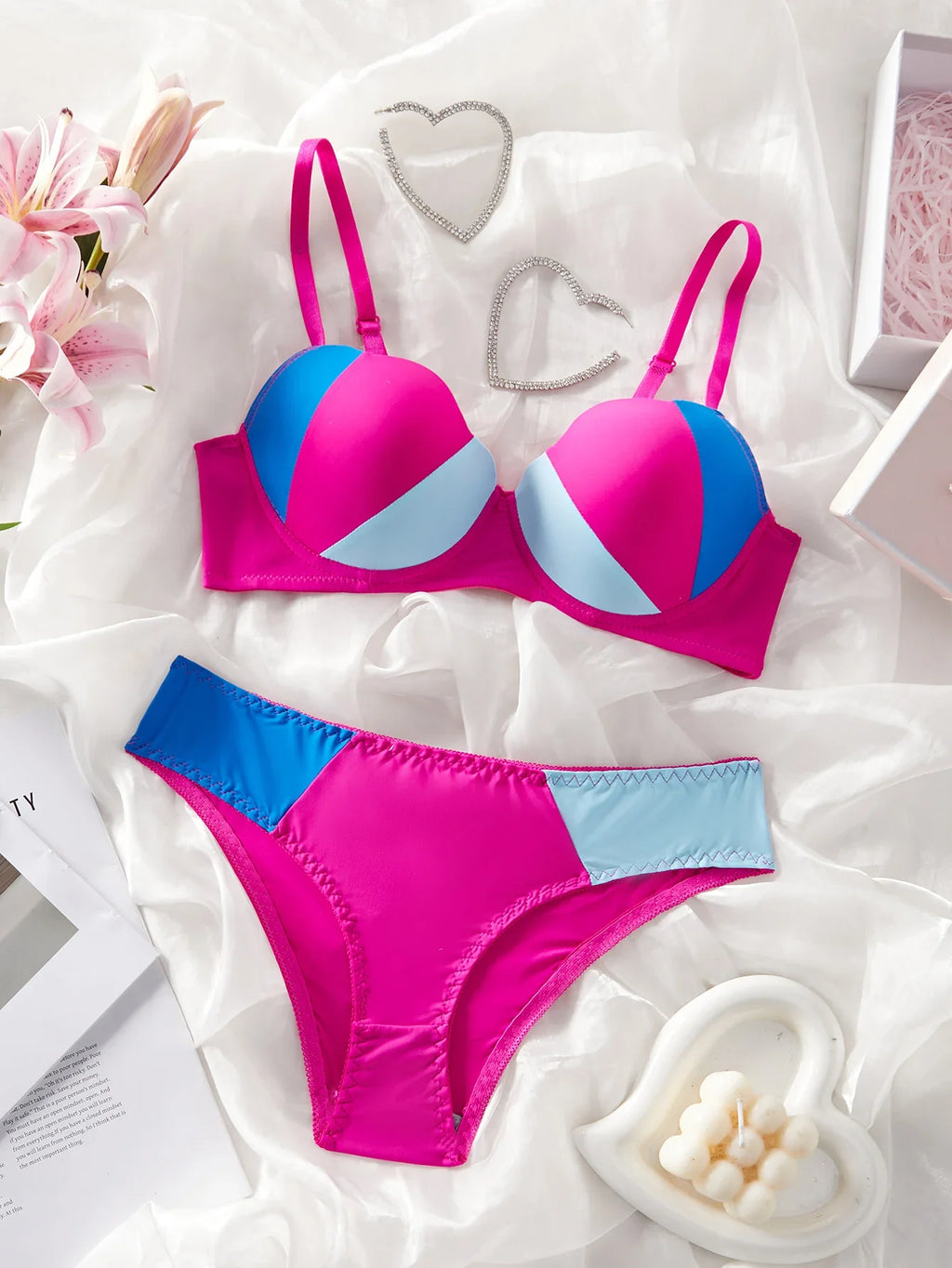 Single-Piece Color-Blocked Sexy Beach Swimwear Set with Underwire Push-Up Bra and Panties, Comfortable Shell Cup Design Lingerie, Stretchy Breathable Panties