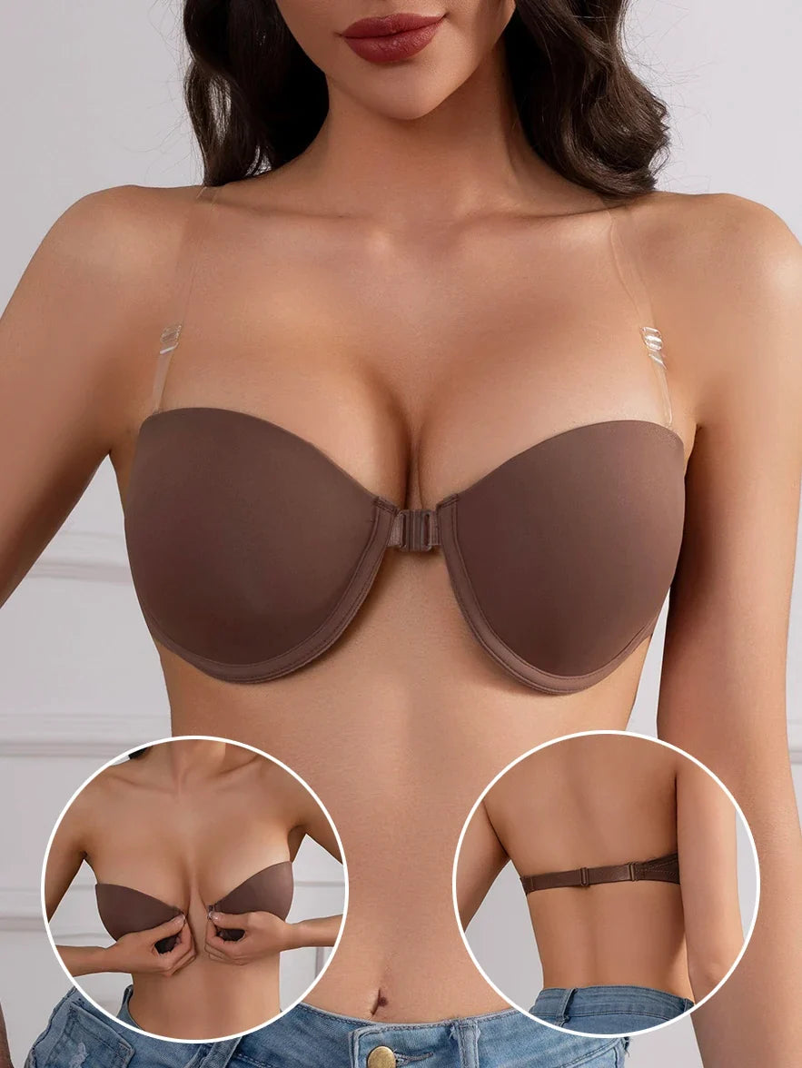 Women's Half Cup Strapless Bra Front Closure Clear Strap Bra Non-Slip Silicone Band Underwire Support Women's Underwear