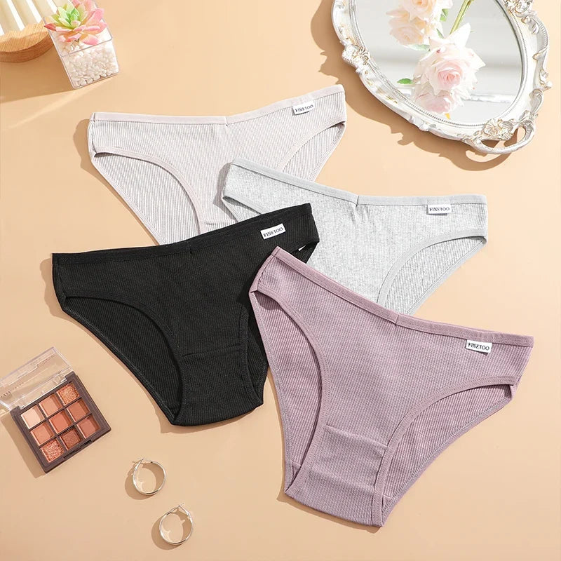 3PCS Cotton Women's Panties Sexy Comfortable Underwear Female Low Waist Stripe Briefs Solid Color Breathable Soft Lingerie M-XL
