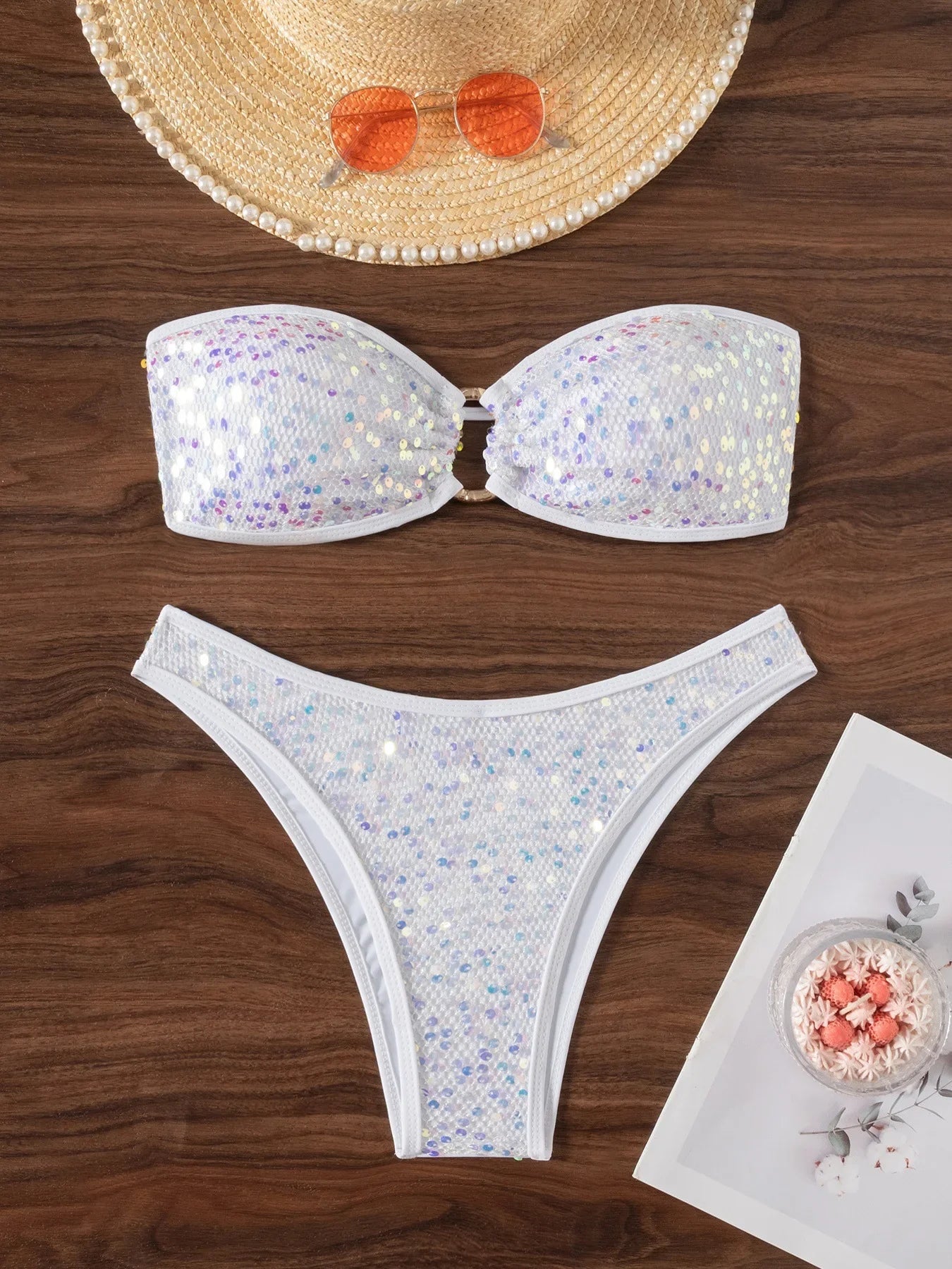Sexy Bandeau Bikini 2026 Women Shiny Sequin Front Ring Push Up Micro Swimsuit Summer Pink Bathing Suit Thong Swimwear Biquini
