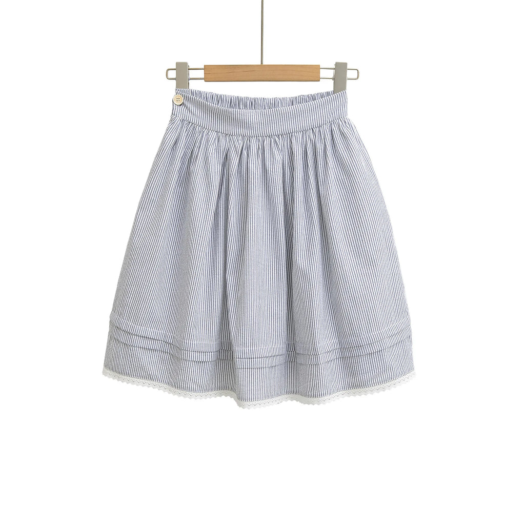 Spring French Style Fresh Slimming Blue Striped Lace Trimmed High Waist A-Line Short Skirt Half Skirt For Woman Casual HMJ9