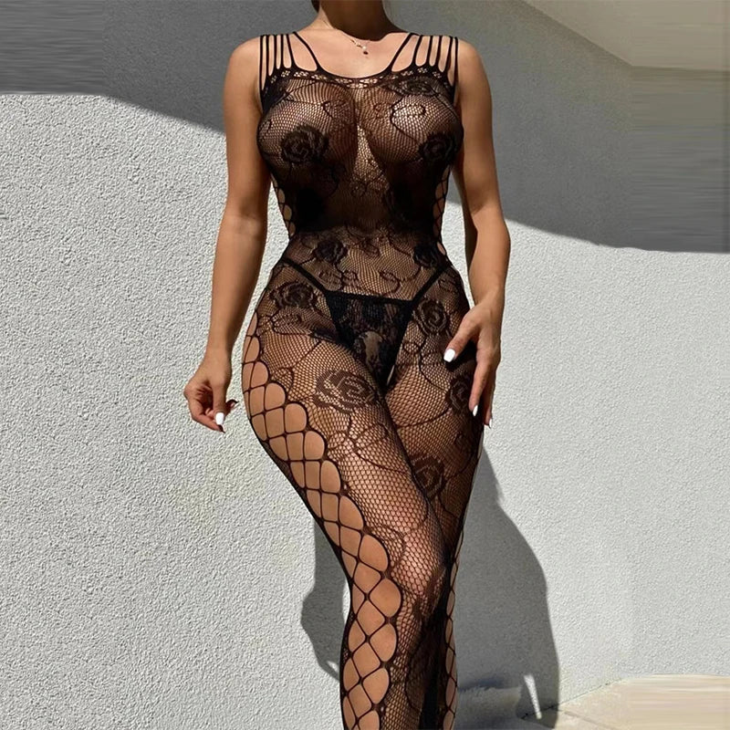 Women's Sexy Lingerie Bra Set Erotic Crotchless Underwear Fishnet Bodysuit Transparent Mesh Hollow Bodystockings Adult Underwear